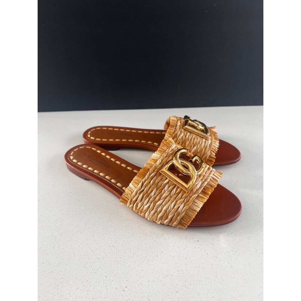 Dolce & Gabbana Logo beige raffia Woven Sandals slides size 40 NEW - Picture 5 of 13